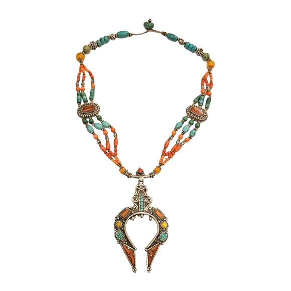 Tibetan Ornate Turquoise and Coral Necklace - Picture 2 of 5